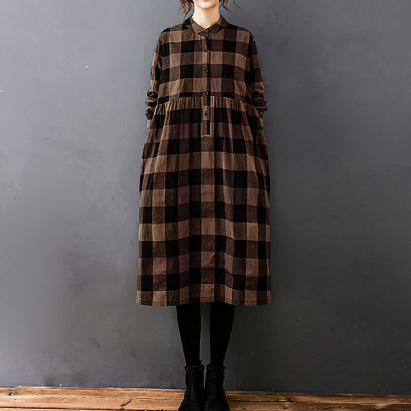Nimara Ritual Commute Patchwork Color Plaid Long Sleeve Midi Dress