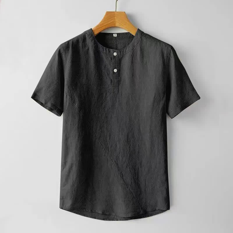 Nimara Ritual Solid Color Short Sleeve Two Top Buttons Polyseter Linen Men's Shirt