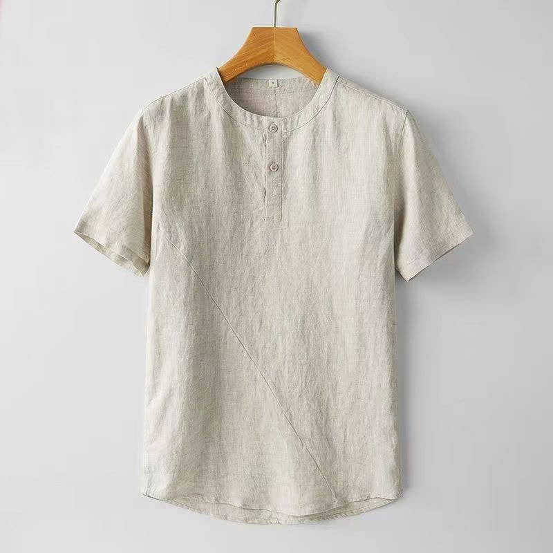 Nimara Ritual Solid Color Short Sleeve Two Top Buttons Polyseter Linen Men's Shirt