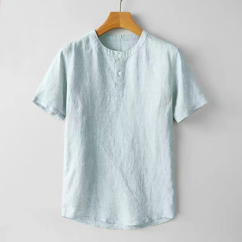 Nimara Ritual Solid Color Short Sleeve Two Top Buttons Polyseter Linen Men's Shirt