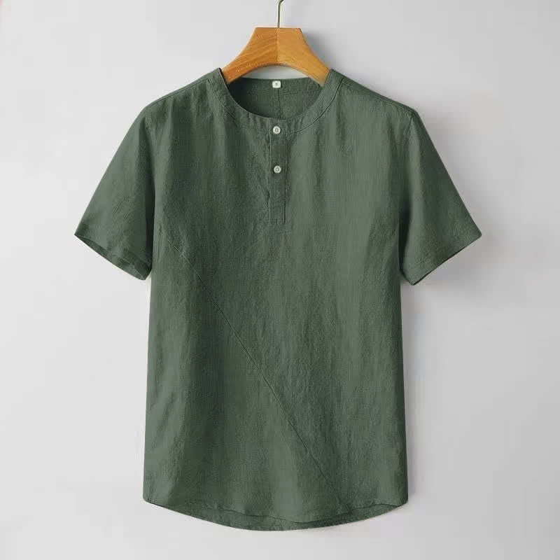 Nimara Ritual Solid Color Short Sleeve Two Top Buttons Polyseter Linen Men's Shirt