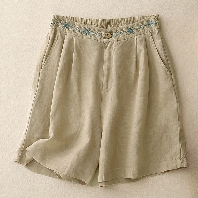 Nimara Ritual Summer Casual Embroidery Flower Pleated Zipper Button Polyester Women's Shorts With Pockets