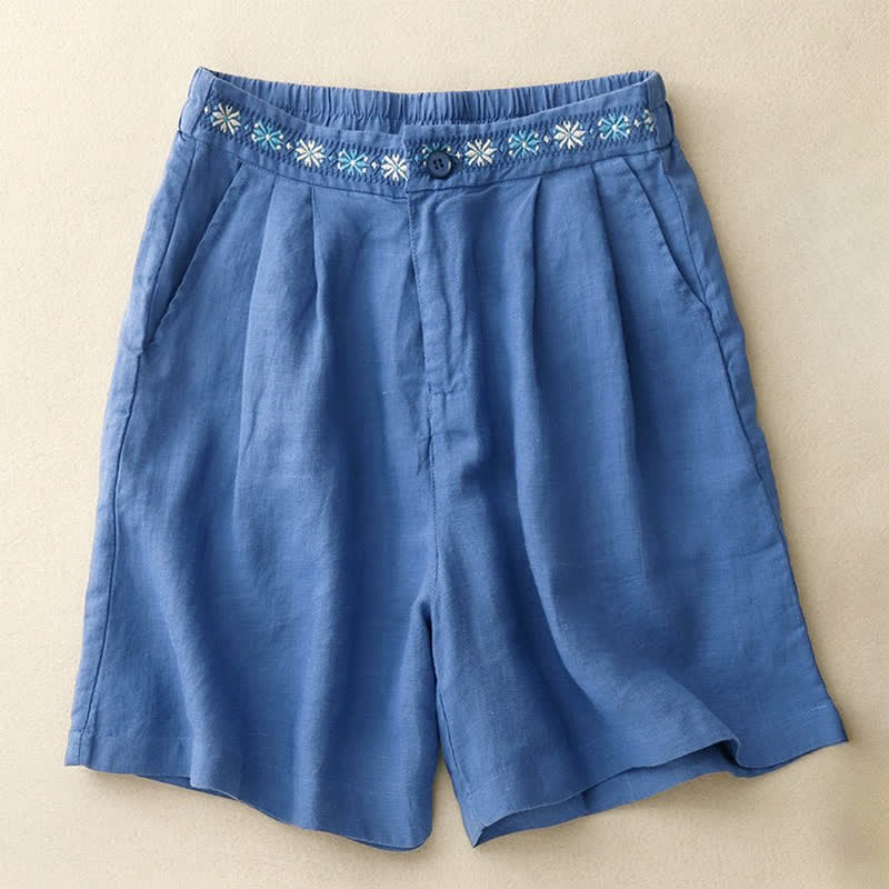 Nimara Ritual Summer Casual Embroidery Flower Pleated Zipper Button Polyester Women's Shorts With Pockets