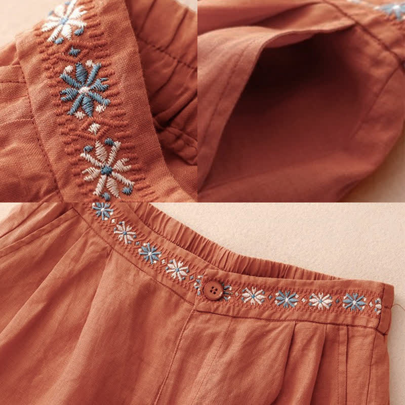 Nimara Ritual Summer Casual Embroidery Flower Pleated Zipper Button Polyester Women's Shorts With Pockets