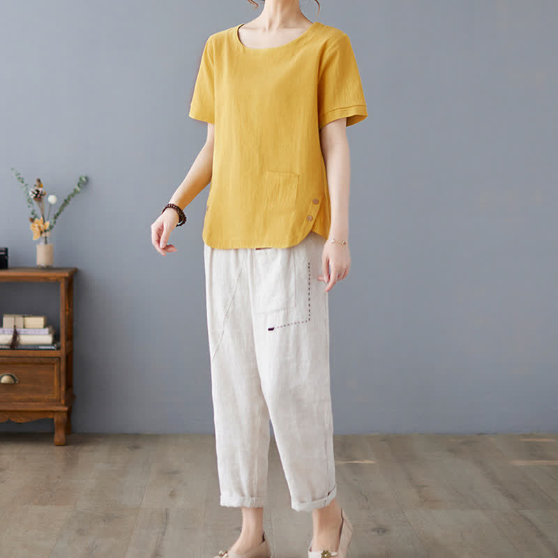 Nimara Ritual Side Slit Design Women's Cotton Polyester Crew Neck Short Sleeve T-Shirt Wtih Pocket
