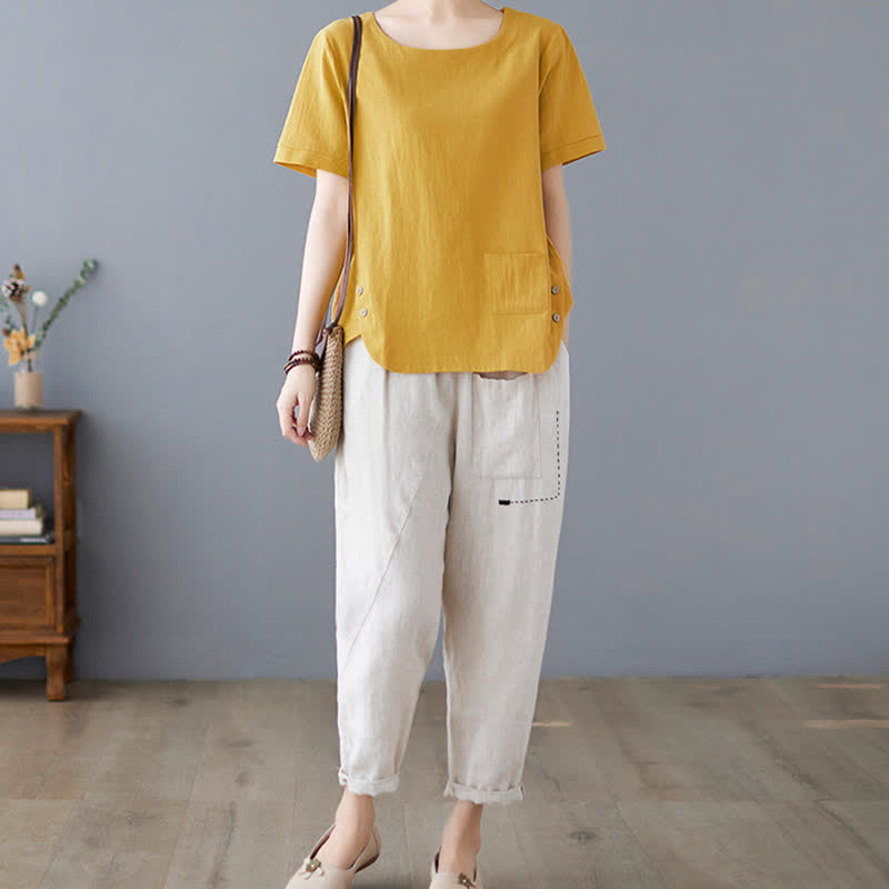Nimara Ritual Side Slit Design Women's Cotton Polyester Crew Neck Short Sleeve T-Shirt Wtih Pocket