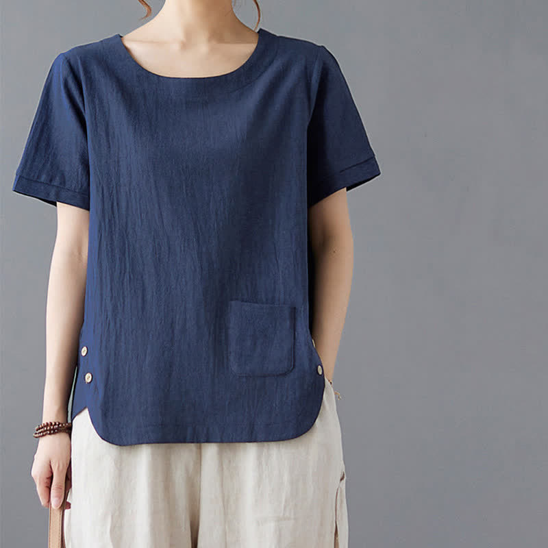 Nimara Ritual Side Slit Design Women's Cotton Polyester Crew Neck Short Sleeve T-Shirt Wtih Pocket