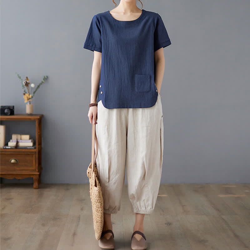 Nimara Ritual Side Slit Design Women's Cotton Polyester Crew Neck Short Sleeve T-Shirt Wtih Pocket