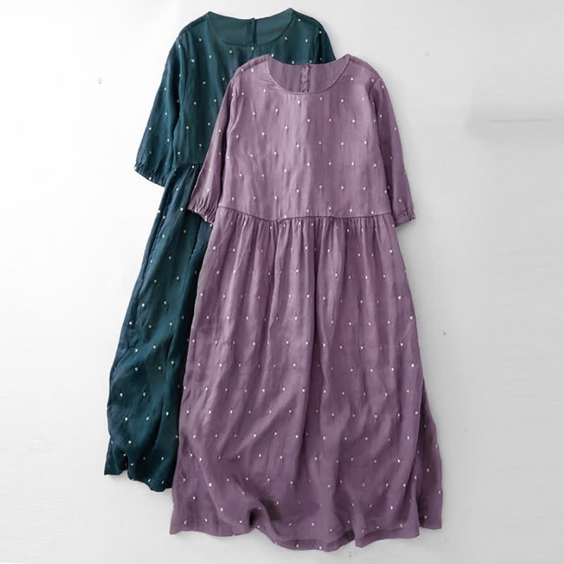 Nimara Ritual Back Button Dot Pattern Half Sleeve Polyester Midi Dress With Pockets