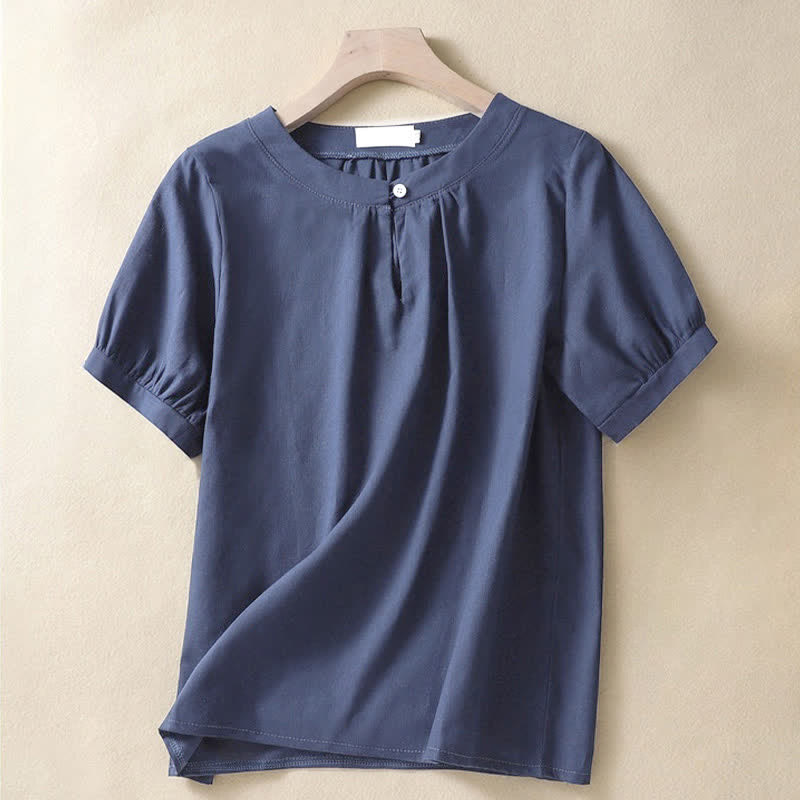 Nimara Ritual Casual Women's Plain Crew Neck Button Design Half Sleeve Linen Shirt