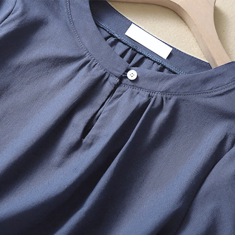 Nimara Ritual Casual Women's Plain Crew Neck Button Design Half Sleeve Linen Shirt