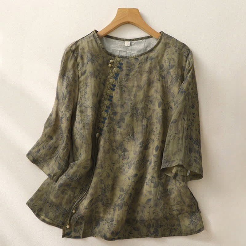 Nimara Ritual Embroidery Design Leaves Women's Three Quarter Sleeve Shirt