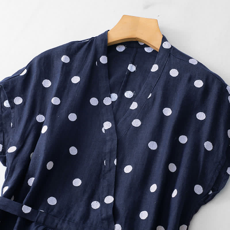 Nimara Ritual Polka Dot V-Neck Lace-up Women's Midi Dress With Pockets
