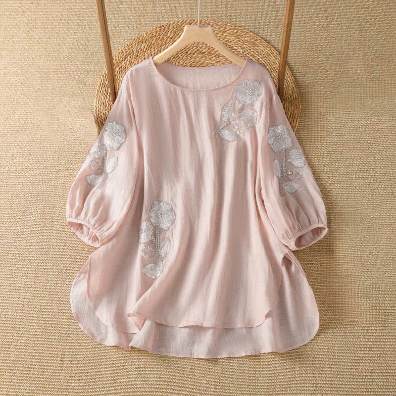 Nimara Ritual Summer Casual Elegant Embroidery White Floral Crew Neck Women's Long Sleeve T-Shirt
