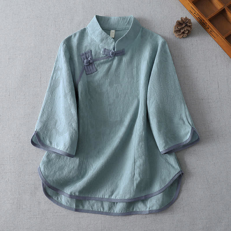Nimara Ritual Summer Tang Style Minimalist Mandarin Collar Frog Button Solid Women's Short Sleeve Shirts