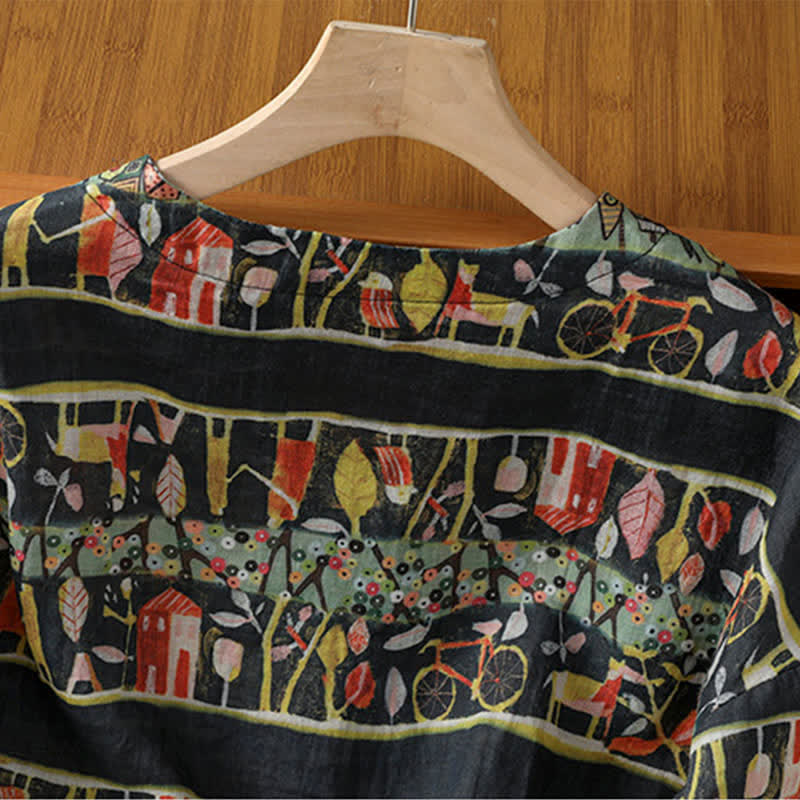Nimara Ritual Plant Printed V-neck Button Design Women's Polyester Three Quarter Sleeve Shirt