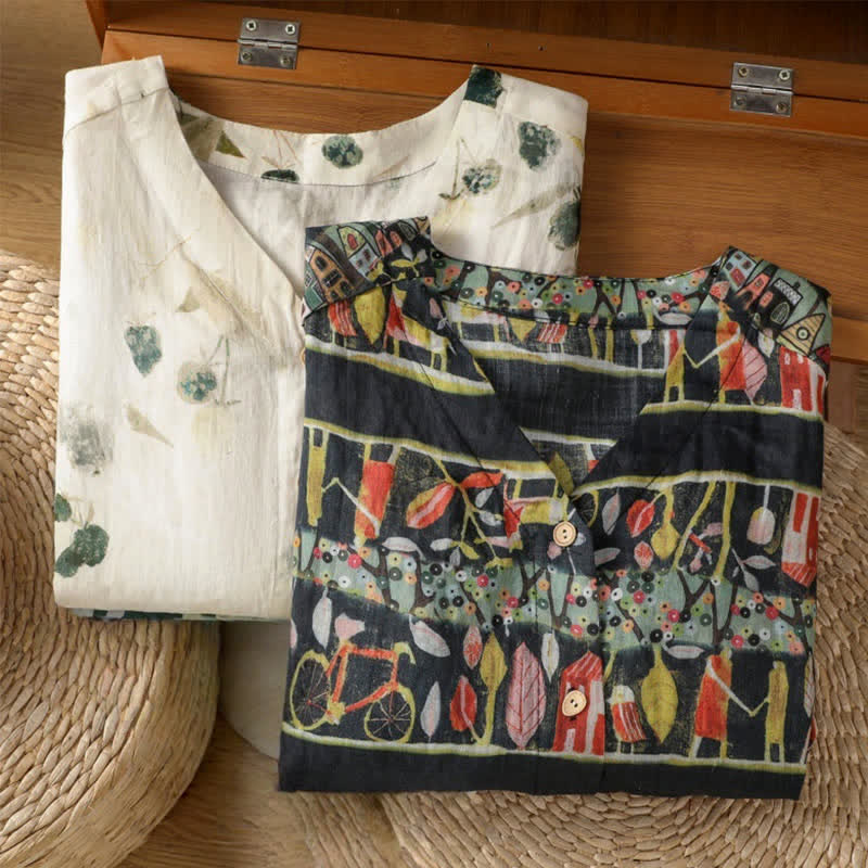 Nimara Ritual Plant Printed V-neck Button Design Women's Polyester Three Quarter Sleeve Shirt