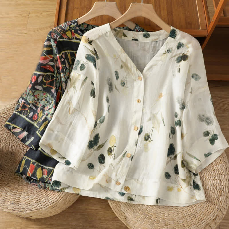 Nimara Ritual Plant Printed V-neck Button Design Women's Polyester Three Quarter Sleeve Shirt