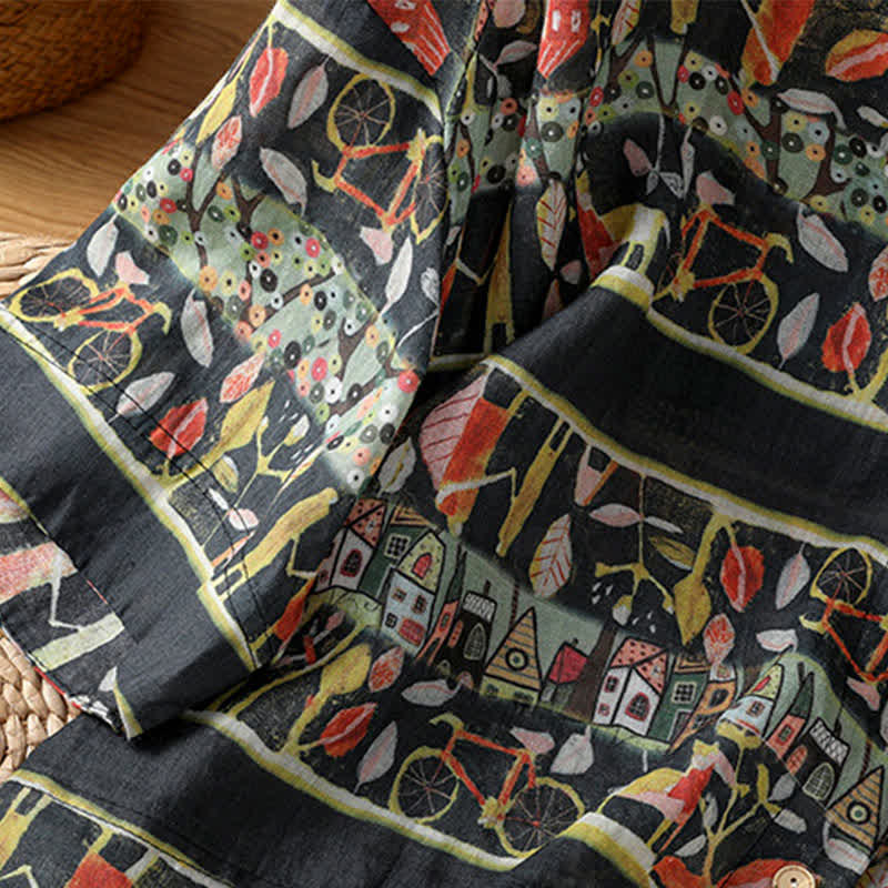 Nimara Ritual Plant Printed V-neck Button Design Women's Polyester Three Quarter Sleeve Shirt