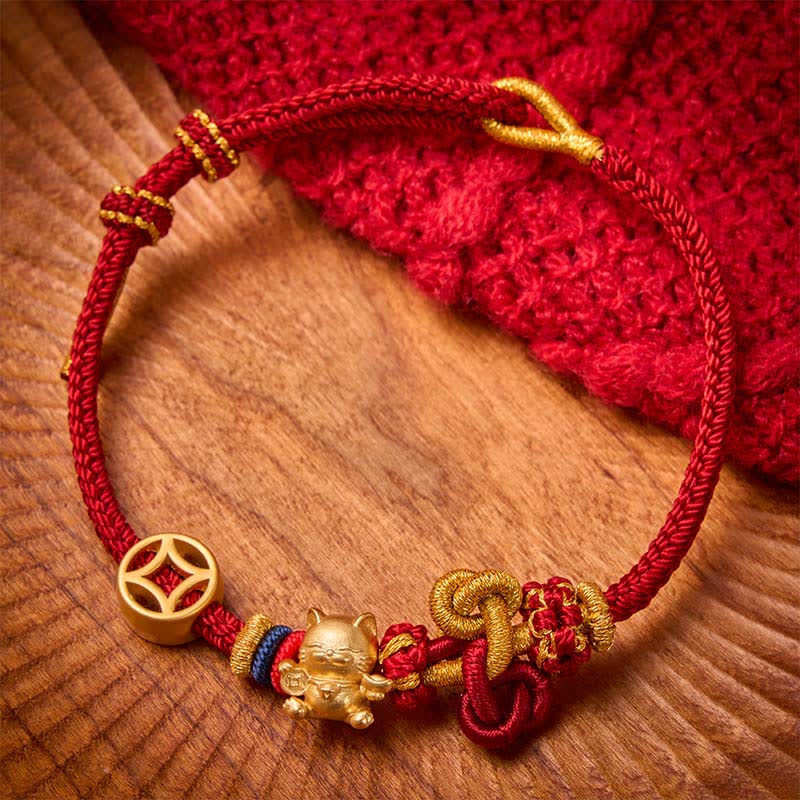 Nimara Ritual Golden Lucky Cat Red String Protection Braided Bracelet