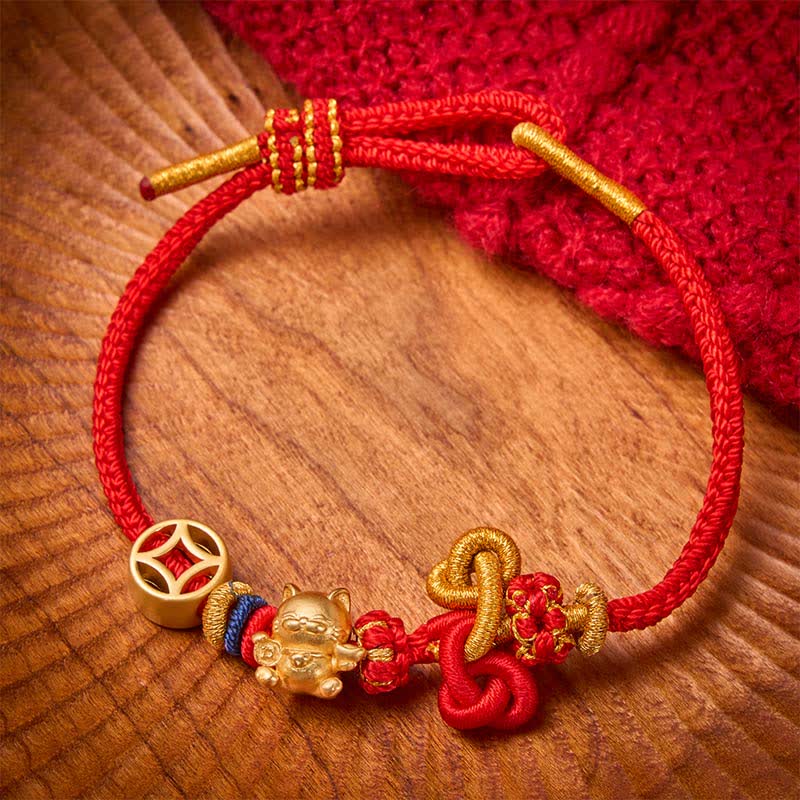 Nimara Ritual Golden Lucky Cat Red String Protection Braided Bracelet