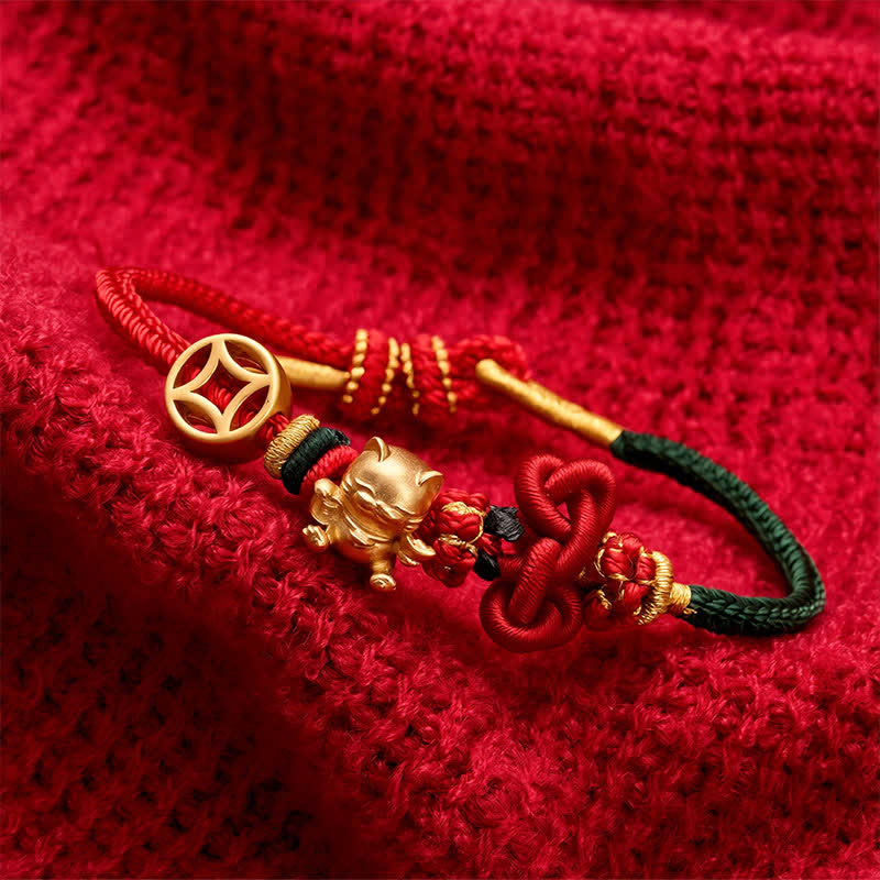 Nimara Ritual Golden Lucky Cat Red String Protection Braided Bracelet