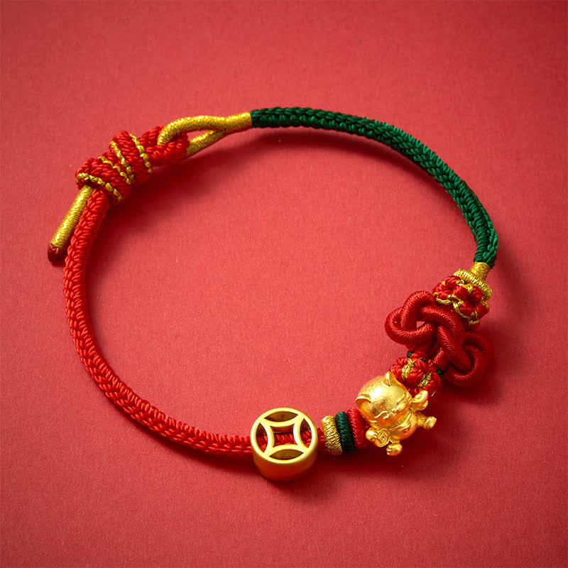Nimara Ritual Golden Lucky Cat Red String Protection Braided Bracelet