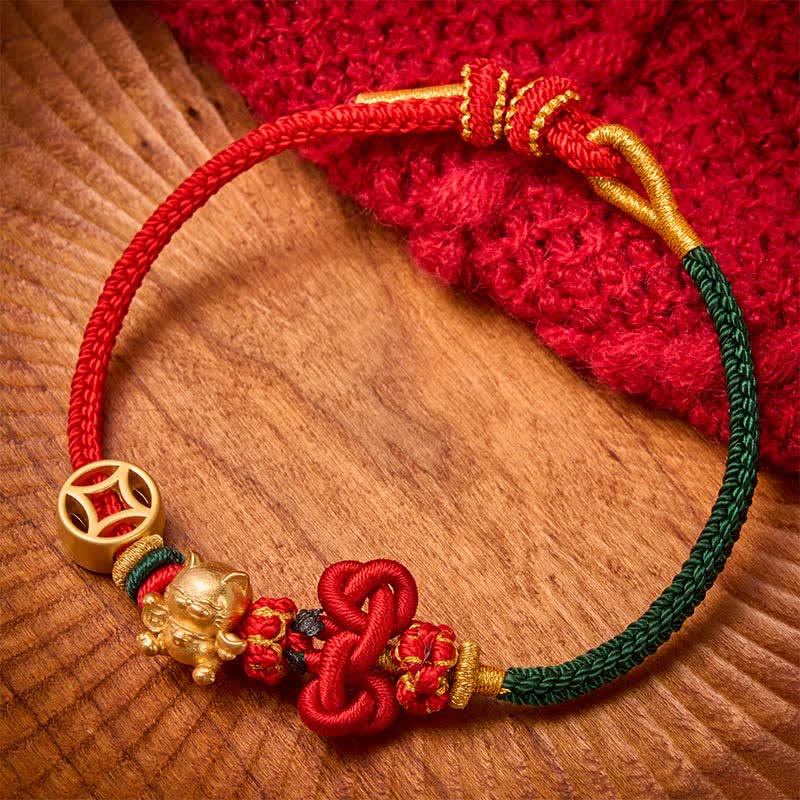 Nimara Ritual Golden Lucky Cat Red String Protection Braided Bracelet