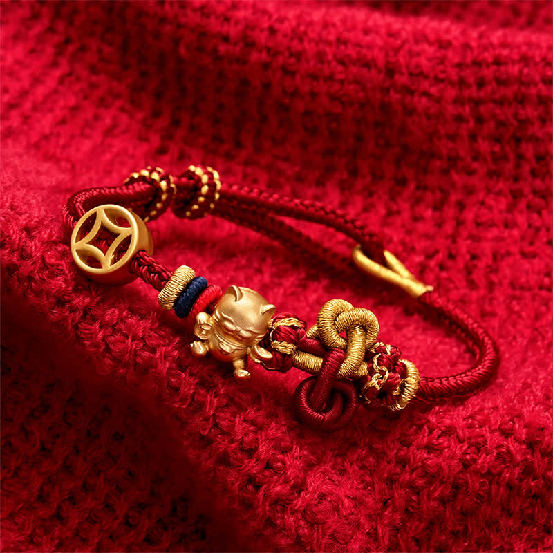 Nimara Ritual Golden Lucky Cat Red String Protection Braided Bracelet
