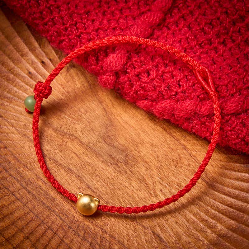Nimara Ritual Copper Cat Head Jade Red String Connection Bracelet