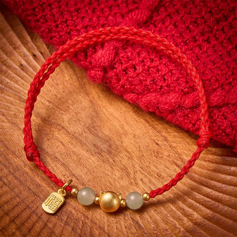 Nimara Ritual Hetian Jade Fu Character Copper Cat Red String Bracelet