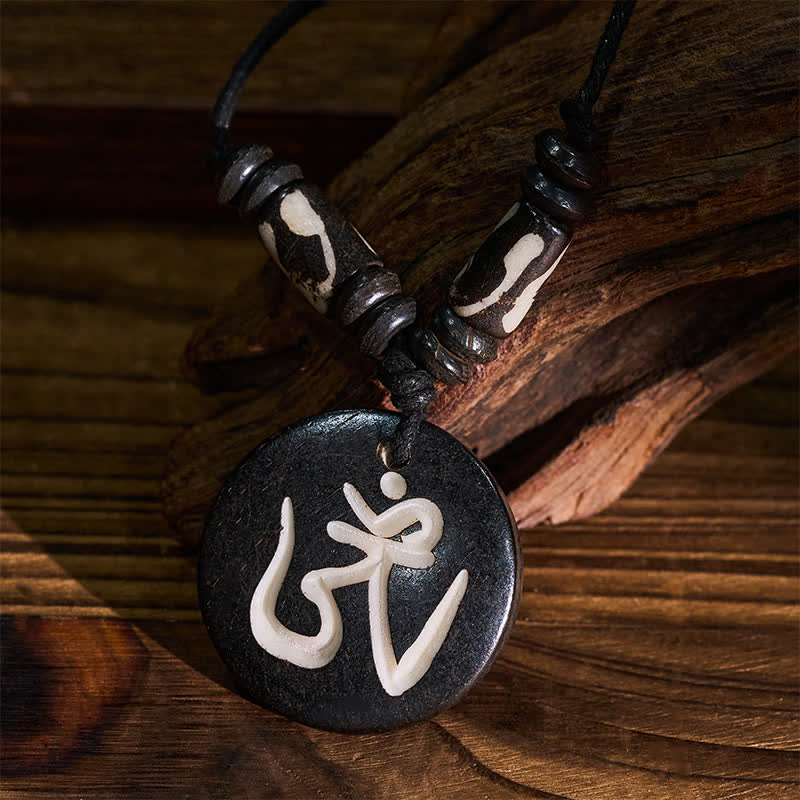 Nimara Ritual Bone Bead OM Tibetan Round Pendant Connection Necklace