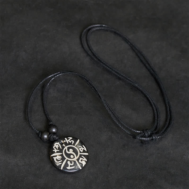 Nimara Ritual Hand Carved Bone Bead Om Mani Padme Hum Yin Yang Protection Necklace