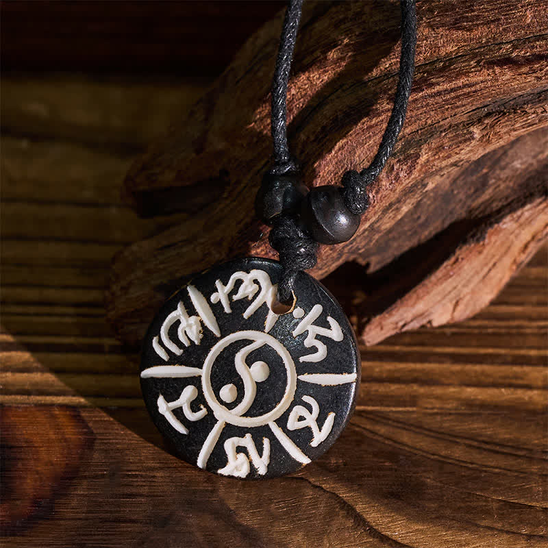 Nimara Ritual Hand Carved Bone Bead Om Mani Padme Hum Yin Yang Protection Necklace