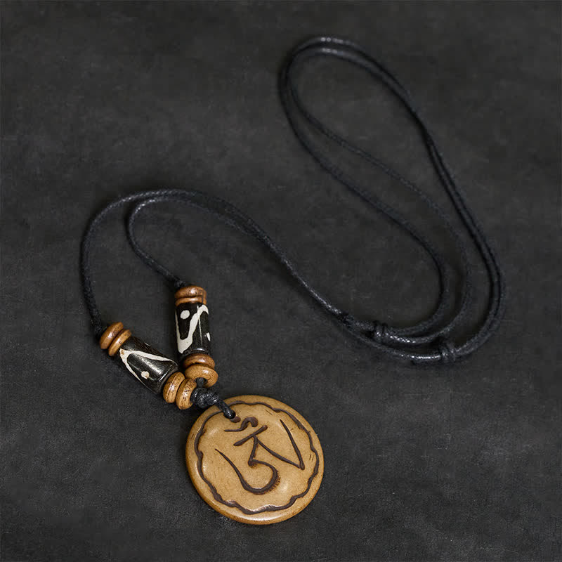 Nimara Ritual Bone Bead OM Hand Carved Tibetan Pendant Compassion Necklace