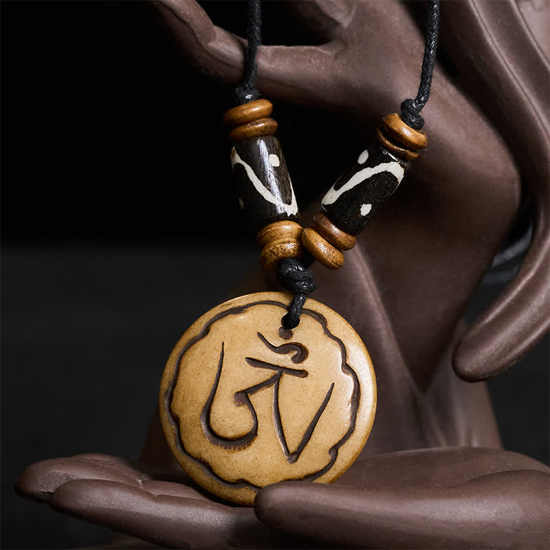 Nimara Ritual Bone Bead OM Hand Carved Tibetan Pendant Compassion Necklace