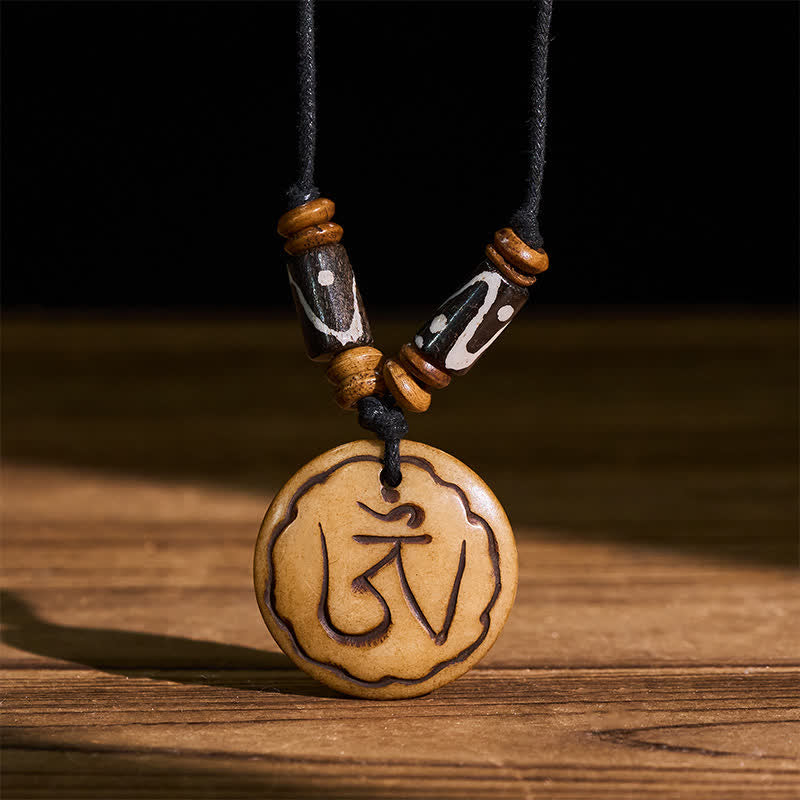 Nimara Ritual Bone Bead OM Hand Carved Tibetan Pendant Compassion Necklace