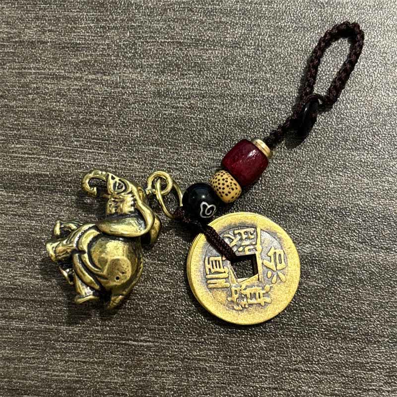 Nimara Ritual Vintage Brass Elephant Five Emperor Coins Luck Keychains