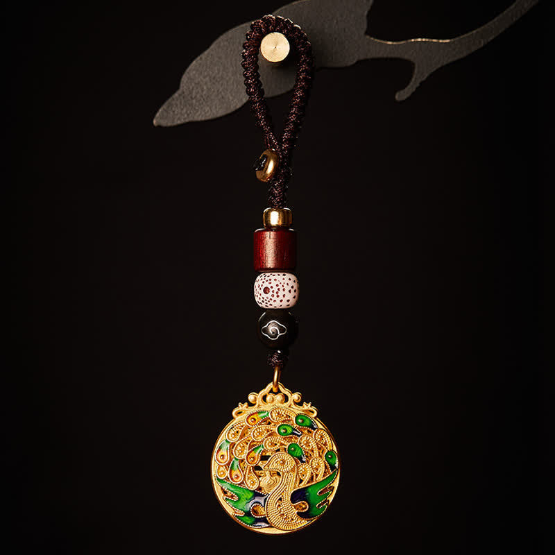 Nimara Ritual Vintage Peacock Fu Character Copper Charm Keychains