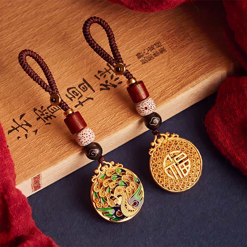 Nimara Ritual Vintage Peacock Fu Character Copper Charm Keychains