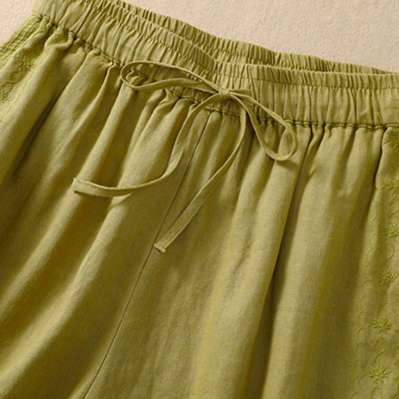 Nimara Ritual Casual Floral Embroidery Pattern Drawstring Women's Shorts With Pockets