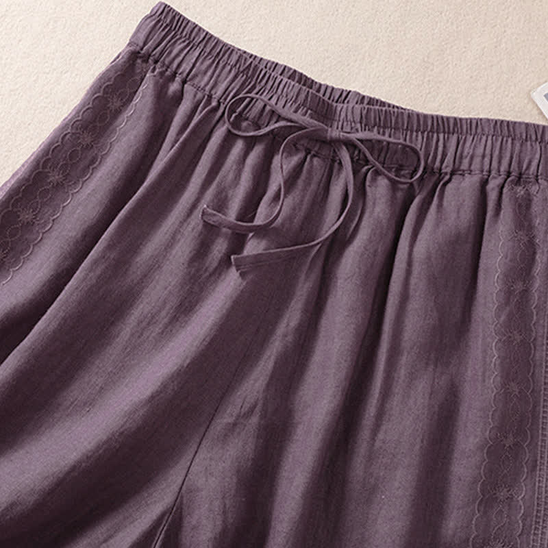 Nimara Ritual Casual Floral Embroidery Pattern Drawstring Women's Shorts With Pockets