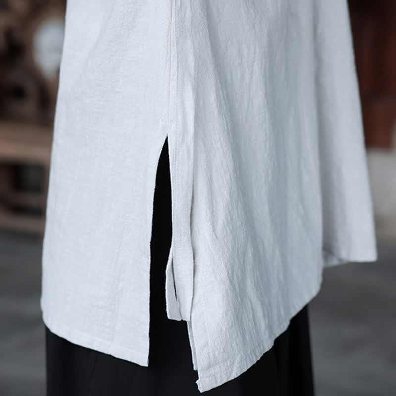 Nimara Ritual Summer Tang Style Minimalist Side Slit V-Neck Solid Men's Short Sleeve Shirts With Pocket
