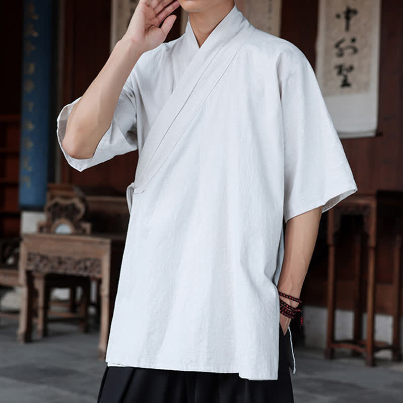 Nimara Ritual Summer Tang Style Minimalist Side Slit V-Neck Solid Men's Short Sleeve Shirts With Pocket