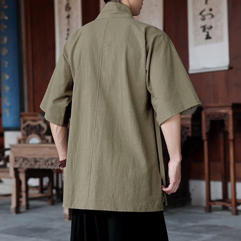 Nimara Ritual Summer Tang Style Minimalist Side Slit V-Neck Solid Men's Short Sleeve Shirts With Pocket