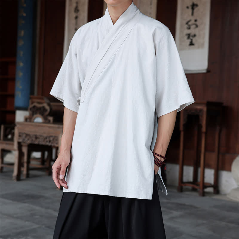 Nimara Ritual Summer Tang Style Minimalist Side Slit V-Neck Solid Men's Short Sleeve Shirts With Pocket