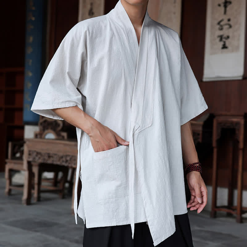 Nimara Ritual Summer Tang Style Minimalist Side Slit V-Neck Solid Men's Short Sleeve Shirts With Pocket