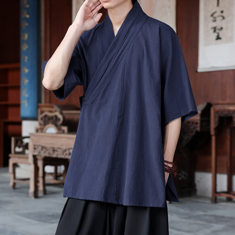 Nimara Ritual Summer Tang Style Minimalist Side Slit V-Neck Solid Men's Short Sleeve Shirts With Pocket
