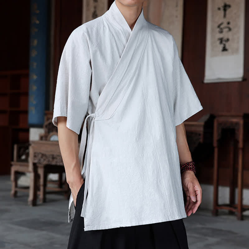 Nimara Ritual Summer Tang Style Minimalist Side Slit V-Neck Solid Men's Short Sleeve Shirts With Pocket