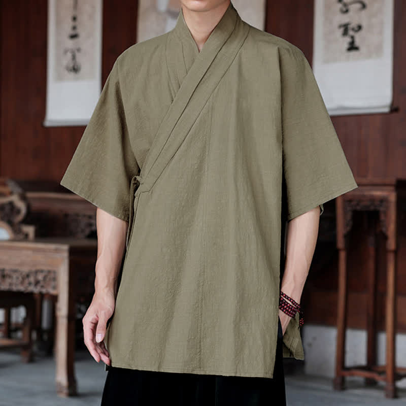 Nimara Ritual Summer Tang Style Minimalist Side Slit V-Neck Solid Men's Short Sleeve Shirts With Pocket